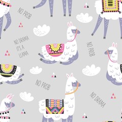 Seamless pattern with llama, cactus, rainbow and hand drawn elements. Creative childish texture. Great for fabric, textile. Vector illustration.
