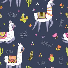 Seamless pattern with llama, cactus, rainbow and hand drawn elements. Creative childish texture. Great for fabric, textile. Vector illustration.
