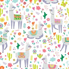 Seamless pattern with llama, cactus, rainbow and hand drawn elements. Creative childish texture. Great for fabric, textile. Vector illustration.
