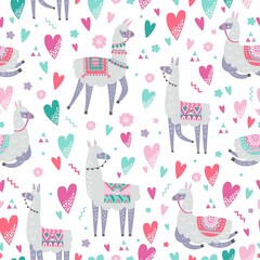 Seamless pattern with llama, cactus, rainbow and hand drawn elements. Creative childish texture. Great for fabric, textile. Vector illustration.
