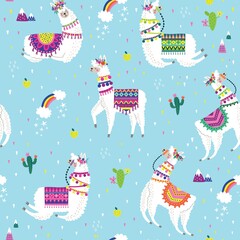 Seamless pattern with llama, cactus, rainbow and hand drawn elements. Creative childish texture. Great for fabric, textile. Vector illustration.
