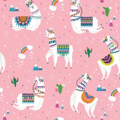Seamless pattern with llama, cactus, rainbow and hand drawn elements. Creative childish texture. Great for fabric, textile. Vector illustration.
