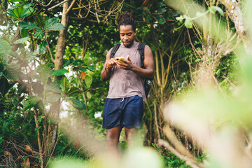 Naklejka na ściany i meble African American man with smartphone in lush tropical forest