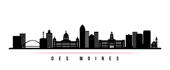 Des moines skyline horizontal banner. Black and white silhouette of Des moines City, Iowa. Vector template for your design. © greens87