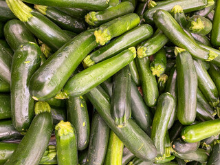 Organic zucchini produce vegetable arranged in pile for background or backdrop scene