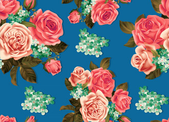 beautiful flower pattern on blue background,linens, fashion fabric, seamless floral print, fashion fabric, design textile