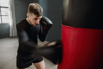 A young athletic man is hitting a boxing bag. Boxer practicing punches in the ring. The athlete...