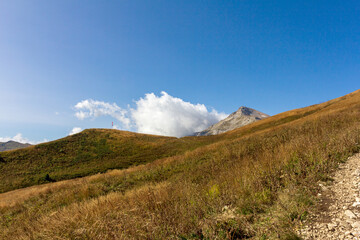 Fototapeta premium Mountain landscape, autumn sketches from tourist routes, recreation places for citizens.