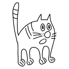 Hand drawn black vector illustration a portrait of a beautiful scared adult young cat with big sad eyes isolated on a white background