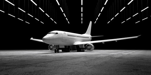 Airplane on concrete floor at hangar with lamps illumination - 401688227