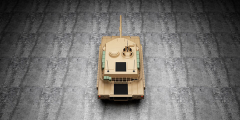 Heavy Military Tank on concrete floor at hangar with lamps illumination