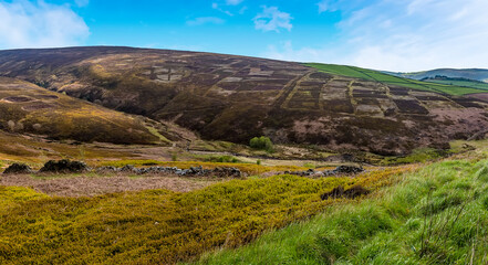 Fototapeta na wymiar A patchwork quilt of fields across the hillside of the Dark Peak in Derbyshire, UK