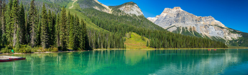 Emerald Lake panorama view in summer sunny day with Michael Peak Mountain in the background. Yoho National Park, Canadian Rockies, British Columbia, Canada.