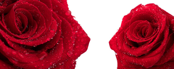 red rose bud with dew drops in daylight with a different plan on a white background, macro...