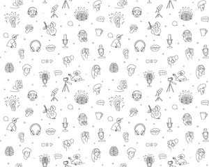 Radio host flat vector illustration seamless pattern. Media doodle drawing.