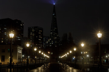 Rainy Night over Pier 7 at the Embarcadero in San Francisco, California, USA.