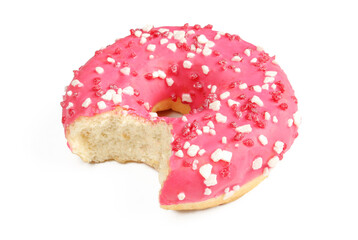 One bitten donut with pink decoration isolated on white background. Delicious glazed doughnut