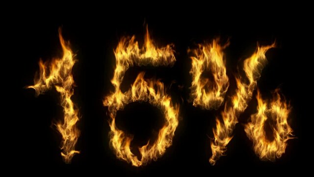 3D animation of percent text discount sale on fire with alpha layer