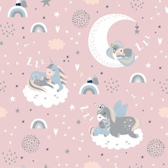 Childish seamless pattern with unicorns. Creative nursery background. Perfect for kids design, fabric, wrapping, wallpaper, textile, apparel
