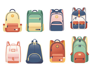 Set of school bags different size and shapes flat vector illustration on white background