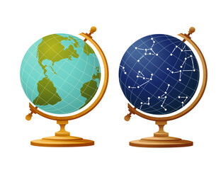 Set of two globe earth and sky constellation globe for school on wooden stand flat vector illustration on white background