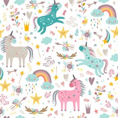 Childish seamless pattern with unicorns. Creative nursery background. Perfect for kids design, fabric, wrapping, wallpaper, textile, apparel  © Angelina De Sol
