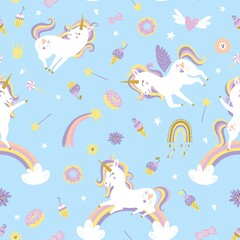 Childish seamless pattern with unicorns. Creative nursery background. Perfect for kids design, fabric, wrapping, wallpaper, textile, apparel
