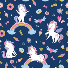 Childish seamless pattern with unicorns. Creative nursery background. Perfect for kids design, fabric, wrapping, wallpaper, textile, apparel
