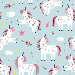 Childish seamless pattern with unicorns. Creative nursery background. Perfect for kids design, fabric, wrapping, wallpaper, textile, apparel
