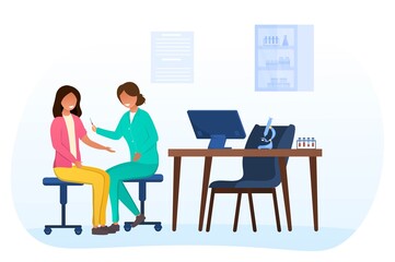 Female charater in hospital making blood test. Concept of medical examination and healthcare. Patient in the lab. Isolated flat vector illustration