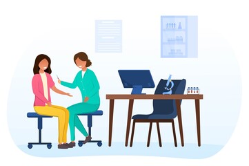 Fototapeta premium Female charater in hospital making blood test. Concept of medical examination and healthcare. Patient in the lab. Isolated flat vector illustration