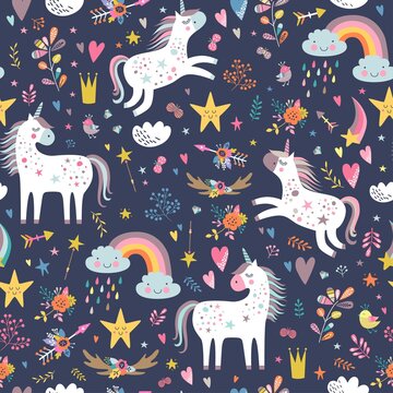 Childish seamless pattern with unicorns. Creative nursery background. Perfect for kids design, fabric, wrapping, wallpaper, textile, apparel
