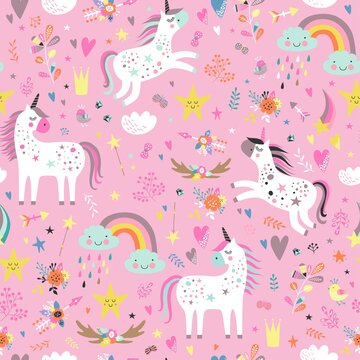 Fototapeta Childish seamless pattern with unicorns. Creative nursery background. Perfect for kids design, fabric, wrapping, wallpaper, textile, apparel 