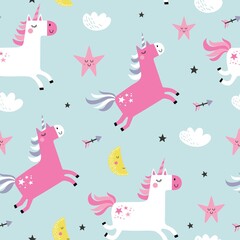 Childish seamless pattern with unicorns. Creative nursery background. Perfect for kids design, fabric, wrapping, wallpaper, textile, apparel
