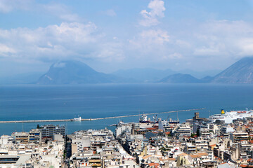 Fototapeta na wymiar panoramic view of the city of Patras in Greece with the rocks of Gulf of Corinth on the background