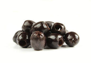 Pile of dark olives isolated on white background.Wet  Black appetizer 