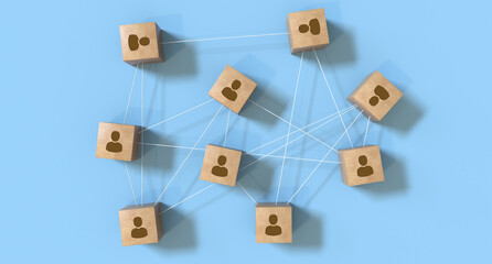 Building a strong team, Wooden blocks with people icon on blue background, Human resources and management concept