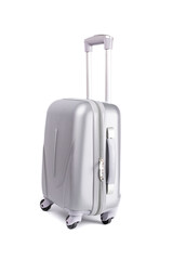 Suitcase isolated on white. Silver travel baggage bag or plastic luggage on white background. Summer vacation and product advertisement concept.