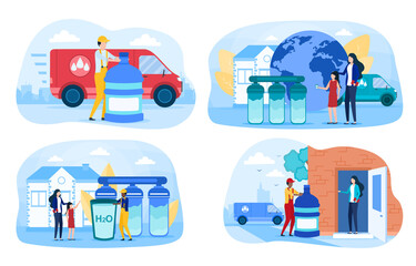 Fototapeta na wymiar Set of water delivery situations with delivery boy and customers. Fast and convenient way to have water delivered at your door. Mother and daughter recieving water. Flat cartoon vector illustration