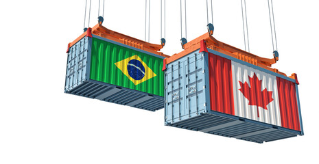 Freight containers with Brazil and Canada national flags. 3D Rendering 