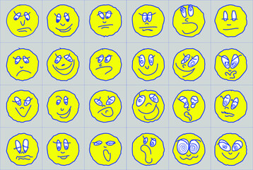 24 fun and comic emoticons drawn with several lines. Clean design. Different emotions - joy, laughter, sadness, anger, fatigue, amazement, surprise, etc.