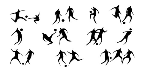 Football icon. set of silhouettes of football players in different poses, vector on a white background. Contour style. © Svetlana