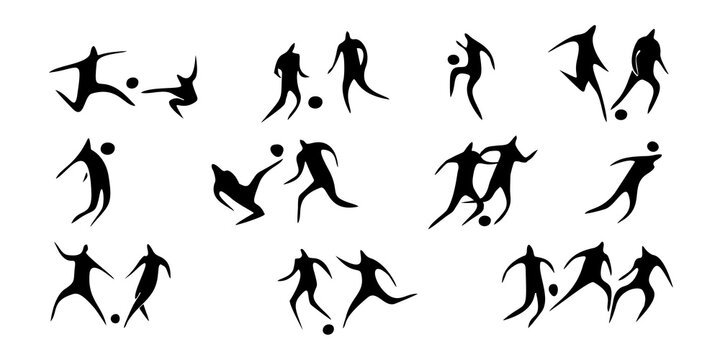 Football icon. set of silhouettes of football players in different poses, vector on a white background. Contour style.