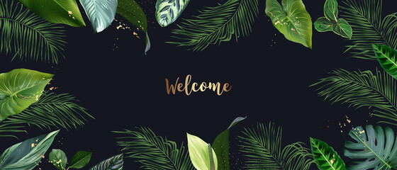 Tropical banner arranged from exotic emerald leaves and golden glitter