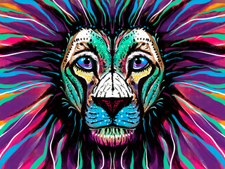 illustration of a colored lion portrait, multicolor, with a multi-colored mane, abstract head drawing