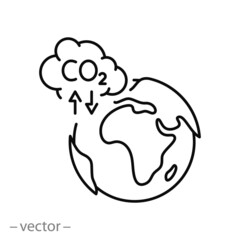 pollution environmental co2 icon, cloud toxic smoke with earth planet, global warming concept, recycle carbon in the atmosphere, thin line symbol on white background - editable stroke vector 