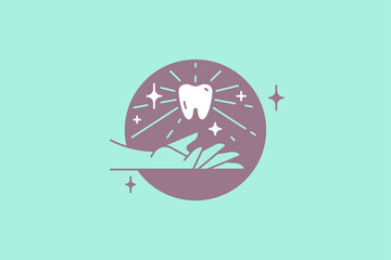 Linear tooth icon with sunlight and stars. Vector trendy logo of hand with white tooth symbol for dentistry clinic or dentist medical center and toothpaste package. Minimal stomatology logo and emblem