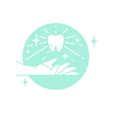 Linear tooth icon with sunlight and stars. Vector trendy logo of hand with white tooth symbol for dentistry clinic or dentist medical center and toothpaste package. Minimal stomatology logo and emblem