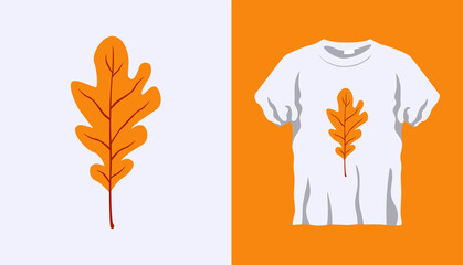 Vector graphic of simple autumn leaf with branch isolated on white background. White t-shirt with short sleeve mockup. T-shirt design with image of simple autumn leaf with branch vector illustration.