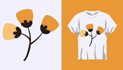 Vector graphic of poppy flower isolated on white background. White t-shirt with short sleeve mockup. T-shirt design with image of poppy flower vector illustration.